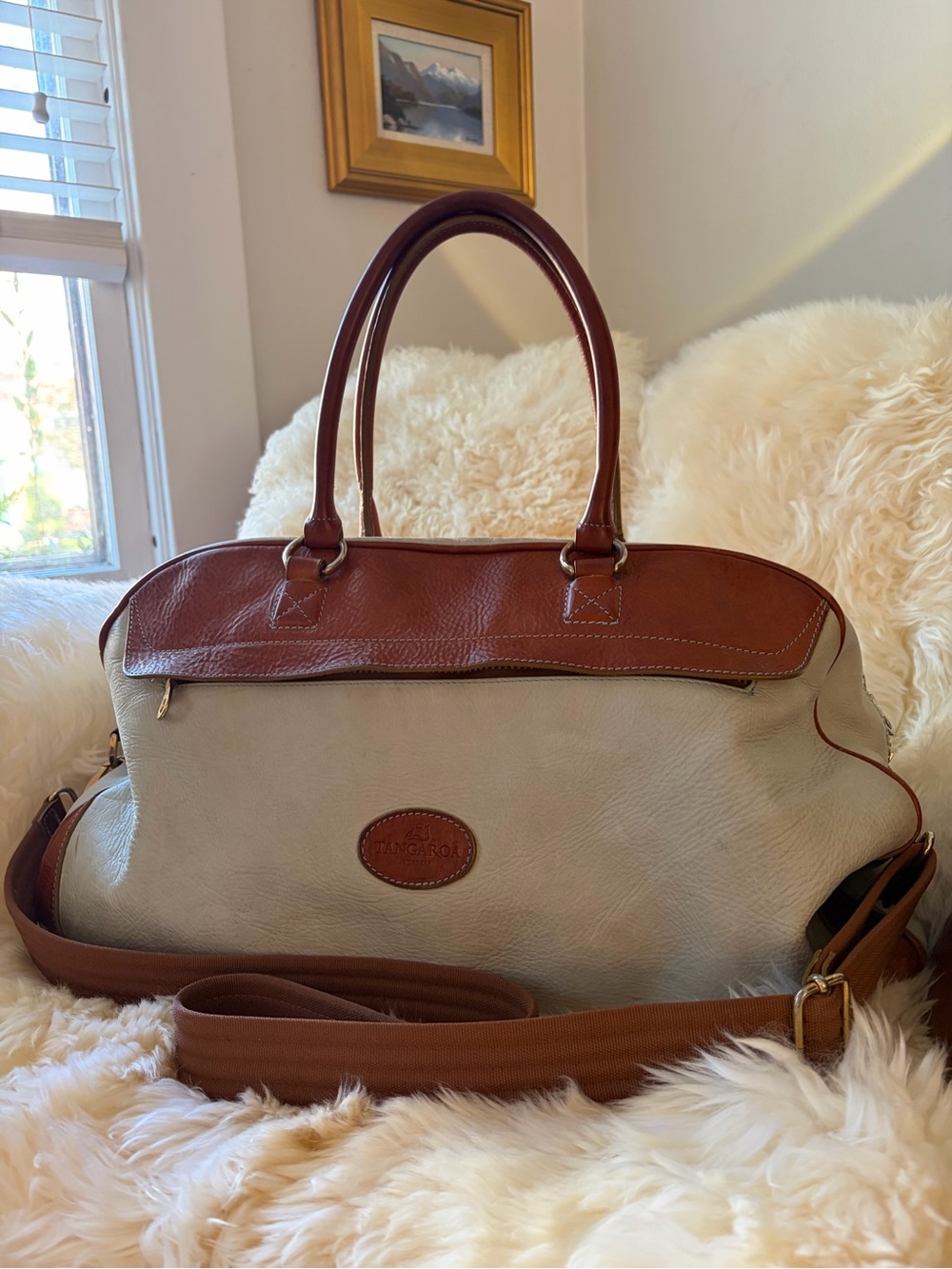 Tangaroa by Terrida Vintage Leather Weekender Travel Duffel blue & brown